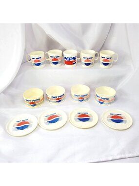 VTG Pepsi and Diet Pepsi Pretend Play Cups Plates Bowls 12 Piece Made in USA